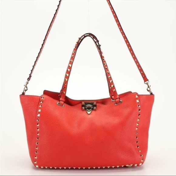 Valentino Rockstud Medium Trapeze Tote Red Leather Studded Luxury Designer - Picture 3 of 7